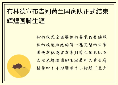 布林德宣布告别荷兰国家队正式结束辉煌国脚生涯